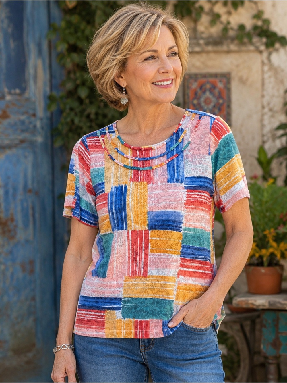 Alfred Dunner Petite PM Boho Patchwork Beaded Neck Top NWT